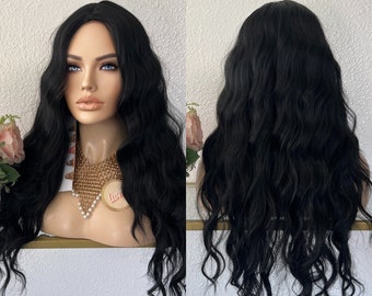 Adriana 28” 1B black body wavy synthetic wig | Little Wig Museum hairloss, alopeica chemo wig, cosplay party fun wig Handmade wigs