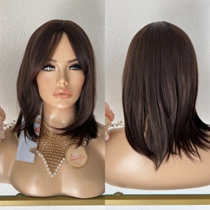 14'' Curtain Bang Brown Synthetic Wig | Little Wig Museum, hairloss, alopeica chemo wig, cosplay costume wig Handmade wigs Glueless Wigs