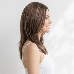 May include: A shoulder-length wig featuring straight, layered brown hair with subtle light brown highlights. The hair is parted on the side, with smooth, sleek strands that frame the face and fall past the shoulders in a natural, layered style.