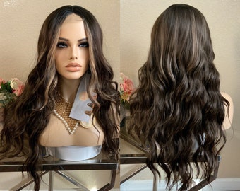 Brooklyn 26''- 1''x3'' small lace front dark brown synthetic wig | Little Wig Museum alopeica chemo wig Handmade wigs Glueless Wigs