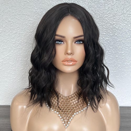 Dark Brown Brunette Wavy Bob Wig With Bangs Medium Brown  display picture 1