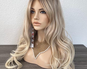 Dark Root Blonde Wavy Wig with Curtain Bangs Heat Resistant Comfort Cap 26 Inches