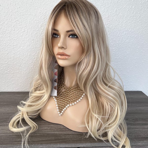 Dark Root Blonde Wavy Wig with Curtain Bangs Heat Resistant Comfort Cap 26 Inches