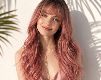 May include: A long, wavy wig with a soft pink hue and straight-cut bangs. The hair features a layered texture with darker roots transitioning into a lighter rose-pink shade. The wig is styled with loose, flowing waves that fall past the shoulders.
