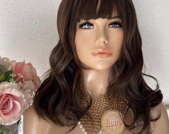 18‘’ brown wavy synthetic wig with bang | Little Wig Museum ,hairloss, alopeica chemo wig, cosplay Handmade wigs Glueless Wigs