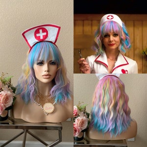 Promising Young Woman Rainbow Wig+ Nurse hairband set Halloween Costume wig | Little Wig Museum cosplay costume wig Handmade wigs