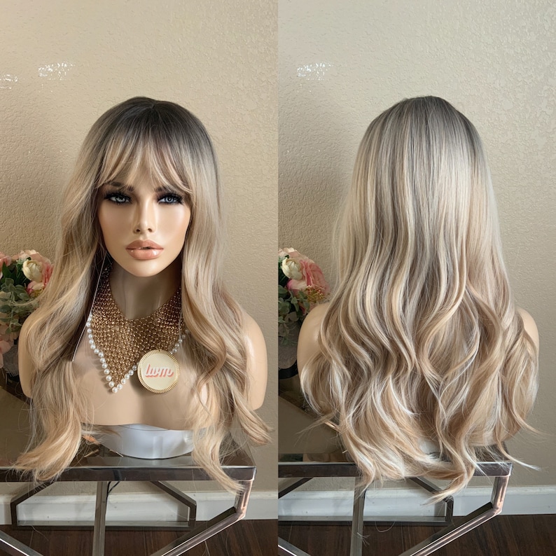 22'' caramel balayage brown synthetic wig with bang Little Wig Museum,luxury wig,hairloss, alopeica chemo wig Handmade wigs Glueless Wigs image 7