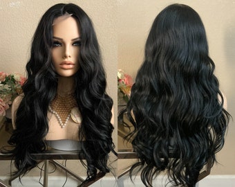 Verona 26'' 1x3 small lace front black synthetic wig  | Little Wig Museum alopeica chemo wig, cosplay | Halloween Costumes Glueless Wigs