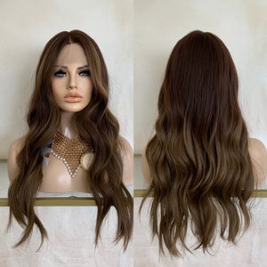 Ibiza  26'' lace front ombre dark brown side part synthetic wig | Little Wig Museum hairloss, alopeica chemo wig Handmade wigs Glueless Wigs