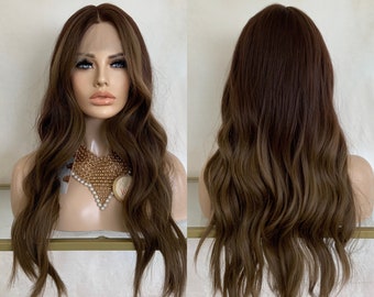 Ibiza  26'' lace front ombre dark brown side part synthetic wig | Little Wig Museum hairloss, alopeica chemo wig Handmade wigs Glueless Wigs