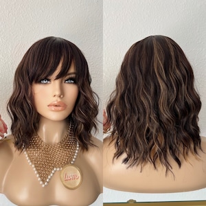 14‘’ brown balayage bob wig with bang synthetic  | Little Wig Museum hairloss, alopeica chemo wig, cosplay Handmade wigs Glueless Wigs