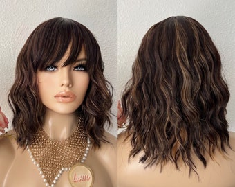 14‘’ brown balayage bob wig with bang synthetic  | Little Wig Museum hairloss, alopeica chemo wig, cosplay Handmade wigs Glueless Wigs