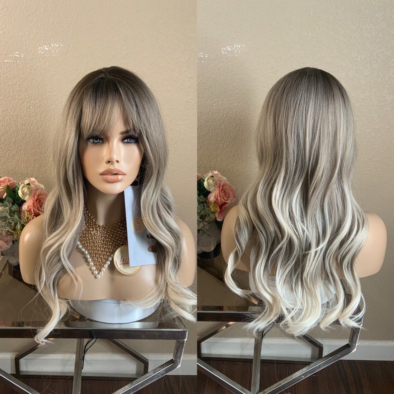 22'' caramel balayage brown synthetic wig with bang Little Wig Museum,luxury wig,hairloss, alopeica chemo wig Handmade wigs Glueless Wigs image 8