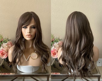 24'' brown highlight synthetic wig with bang  | Little Wig Museum hairloss, alopeica chemo wig Handmade wigs Glueless Wigs