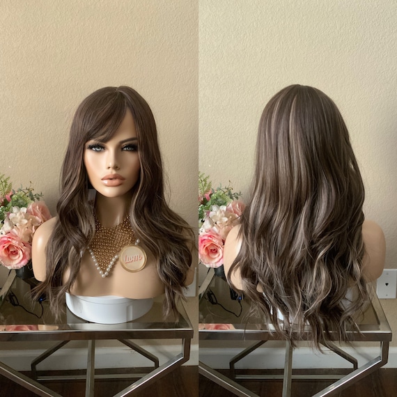 24'' Brown Highlight Synthetic Wig With Bang Little Etsy