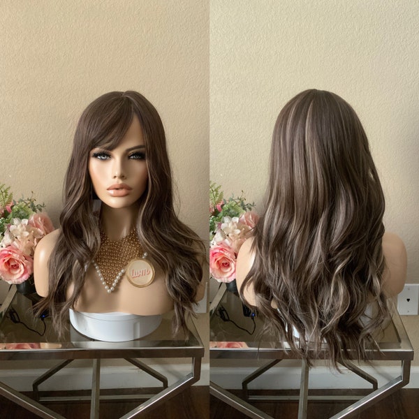 24'' brown highlight synthetic wig with bang  | Little Wig Museum hairloss, alopeica chemo wig Handmade wigs Glueless Wigsgift for mom