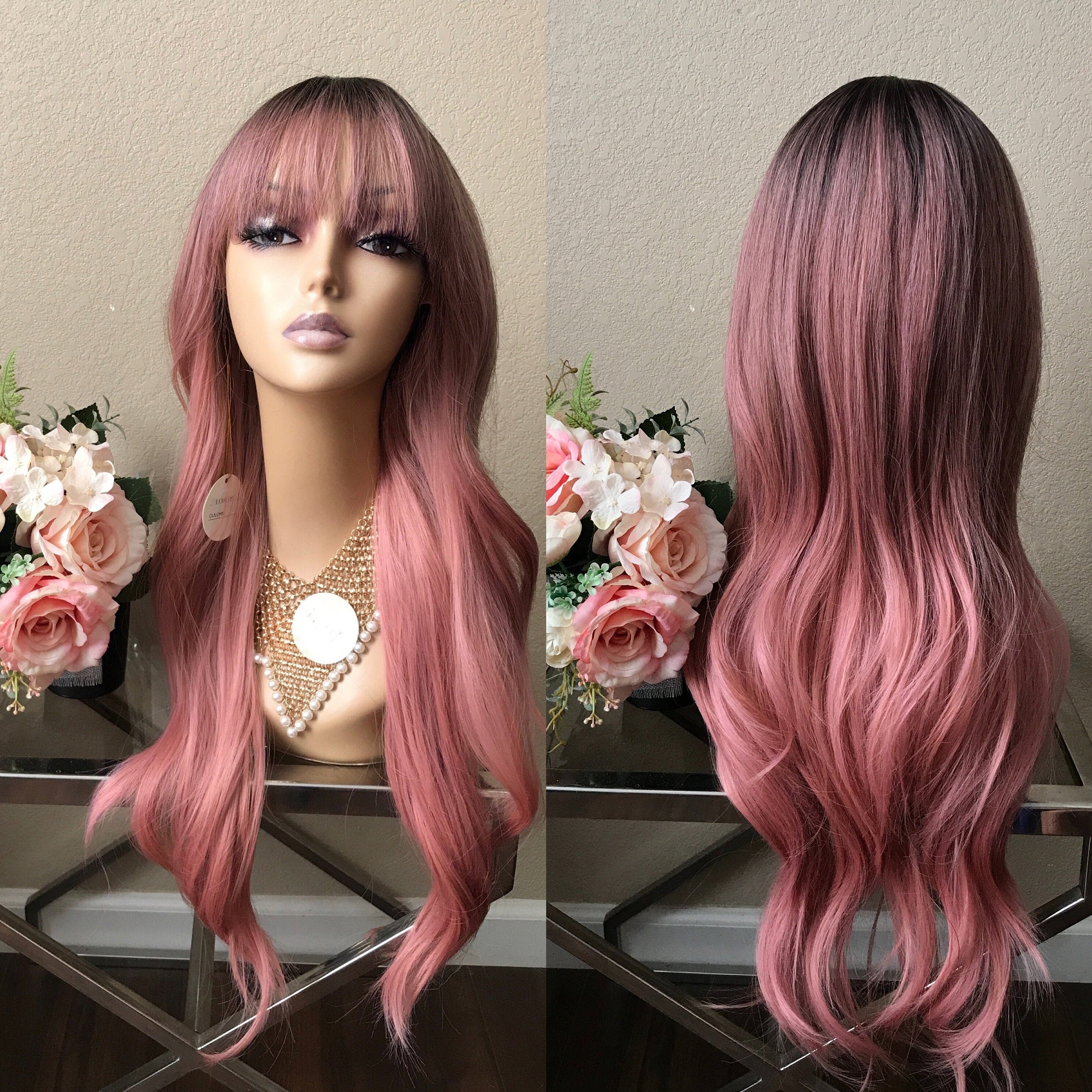 28'' Ombre Dark Root Pink Wavy Wig With Bang Little Etsy Canada