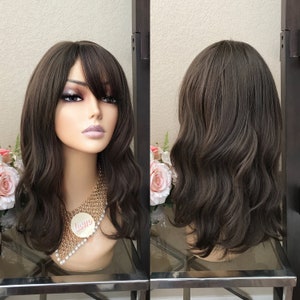 18‘’ brown wavy synthetic wig with bang | Little Wig Museum ,hairloss, alopeica chemo wig, cosplay Handmade wigs Glueless Wigs