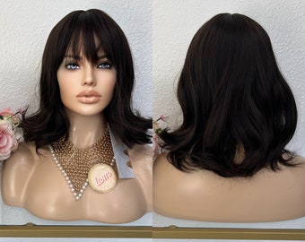 14'' dark brown short synthetic wig with bang  | Little Wig Museum,luxury wig,hairloss, alopeica chemo wig Handmade wigs Glueless Wigs