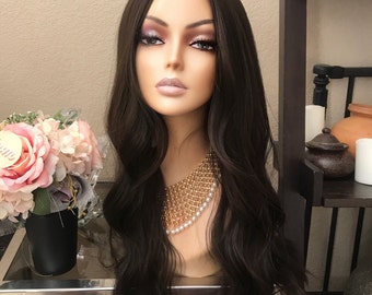 24&#39;&#39; wavy dark brown synthetic wig | Little Wig Museum,luxury wig,hairloss, alopeica chemo wig, cosplay Glueless Wigs