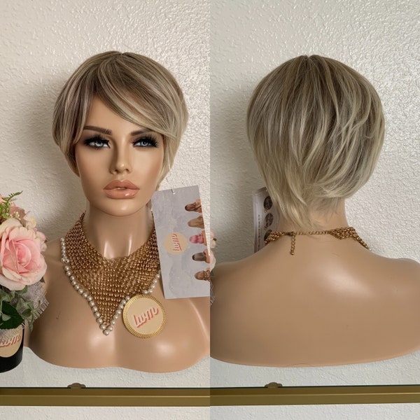 Pixie cut ombre platinum blonde Synthetic Wig  | Little Wig Museum hairloss, alopeica chemo wig, cosplay costume wig Glueless Wigs