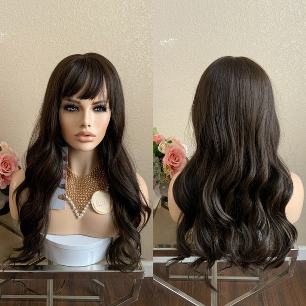 24‘’ wavy dark brown wig synthetic | Little Wig Museum,luxury wig,hairloss, alopeica chemo wig Handmade wigs Glueless Wigs