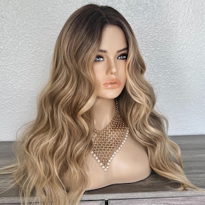 Dark Root Honey Blonde Balayage Wig, Synthetic Heat Resistant  "Malaga"