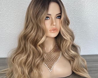 Dark Root Honey Blonde Balayage Wig, Synthetic Heat Resistant  "Malaga"