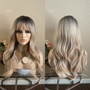 22'' ombre dark root blonde Synthetic Wig with bangs  | Little Wig Museum chemo wig, cosplay costume wig Handmade wigs Glueless Wigs