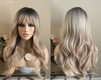 22'' ombre dark root blonde Synthetic Wig with bangs  | Little Wig Museum chemo wig, cosplay costume wig Handmade wigs Glueless Wigs