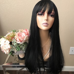 22&#39;&#39; Black straight wig with bang  | Little Wig Museum alopeica cancer chemo wig cosplay party Handmade wigs Glueless Wigs gift for mom