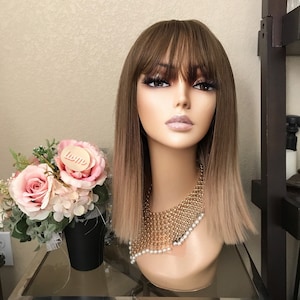14&#39;&#39; Ombre dark brown to golden brown wig synthetic Straight  | Little Wig Museum| Christmas gifts for mom, grandma, sister, wife