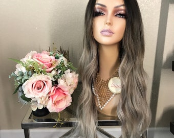 24'' ombre dark root ash brown Synthetic Wig | Little Wig Museum alopeica chemo wig, cosplay Handmade wigs Glueless Wigs