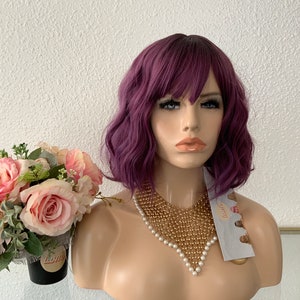 12&#39;&#39; lavender purple ombre wig with bang | Little Wig Museum alopeica chemo wig, cosplay Handmade wigs Glueless Wigs