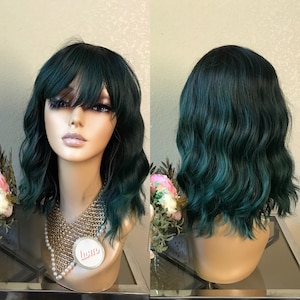 Halloween Costume wig 14'' Green wavy bob wig with bang  Little Wig Museum hairloss, alopeica chemo wig Handmade wigs Glueless Wigs