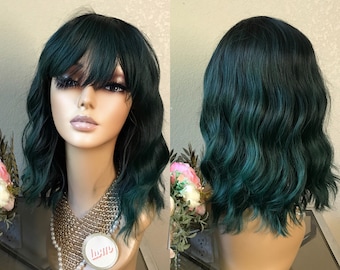 Halloween Costume wig 14'' Green wavy bob wig with bang  Little Wig Museum hairloss, alopeica chemo wig Handmade wigs Glueless Wigs