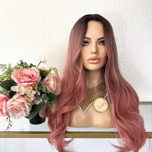 28&#39;&#39; ombre dark root pink wavy wig middle parted | Little Wig Museum pink wigs alopeica chemo wig, cosplay Handmade wigs Glueless Wigs