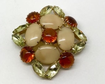Broche Juliana vintage Delizza & Elster em âmbar/transparente/leitoso com strass e cabochões.