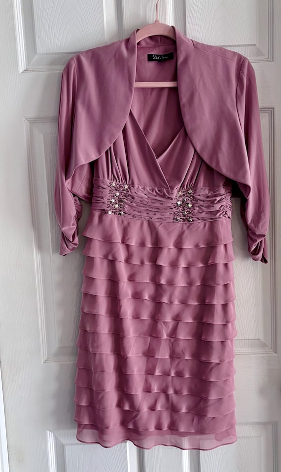 Vintage Cocktail Dress SLNY Mauve Rose Pink Tiered Ruffle Cocktail Dress & Bolero Jacket