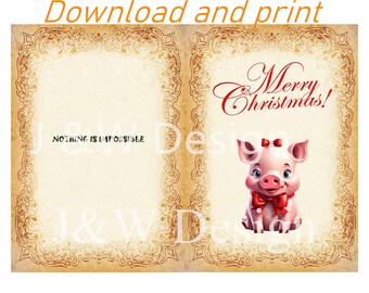 Printable Christmas Cards / Funny holiday cards Pig image Download 2size 5*7inch and 5.5*8.5inch