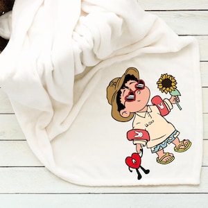 Bad Bunny Benito Throw Blanket, Cute Cartoon Sunflower Design, Cozy Fleece Blanket, Latin Artist Fan Merch, Custom gift, Personalized gift