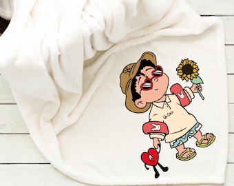 Bad Bunny Benito Throw Blanket, Cute Cartoon Sunflower Design, Cozy Fleece Blanket, Latin Artist Fan Merch, Custom gift, Personalized gift