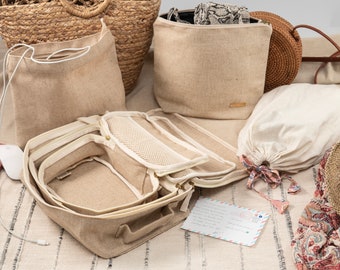 Travel Packing Cube Set bundle -3 Juco cubes, 1 Wet Bag, 1 Tech Bag & Bonus Shoe bag, Eco - friendly sustainable natural  beige -Great gift