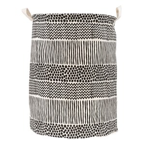 May include: A black and white patterned canvas laundry hamper with a cylindrical shape and two handles.