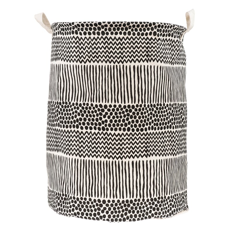 May include: A black and white patterned canvas laundry hamper with a cylindrical shape and two handles.