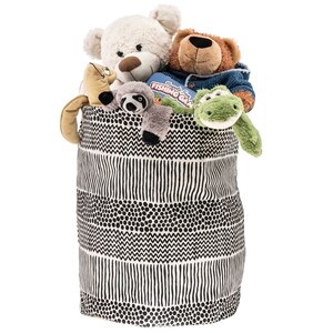 May include: A black and white patterned fabric storage bin filled with stuffed animals, including a white bear, a brown bear, a green frog, and a gray sloth. The bin has a geometric pattern of stripes, dots, and zigzags.