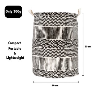 May include: Black and white patterned laundry basket with a fabric handle. The basket is 40 cm wide and 50 cm tall.  "Only 300g Compact Portable & Lightweight" text is visible.