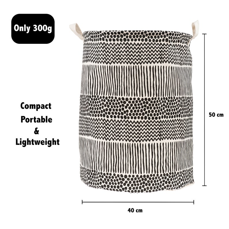 May include: Black and white patterned laundry basket with a fabric handle. The basket is 40 cm wide and 50 cm tall.  "Only 300g Compact Portable & Lightweight" text is visible.