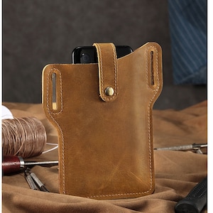 Funda de teléfono de cuero premium hecha a mano para hombre: funda universal/riñonera con presilla para cinturón
