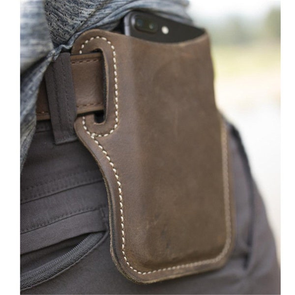 Men's Leather Phone Holster - Hand-made Premium Leather Universal Case/Waist Bag Purse with Belt Hole
